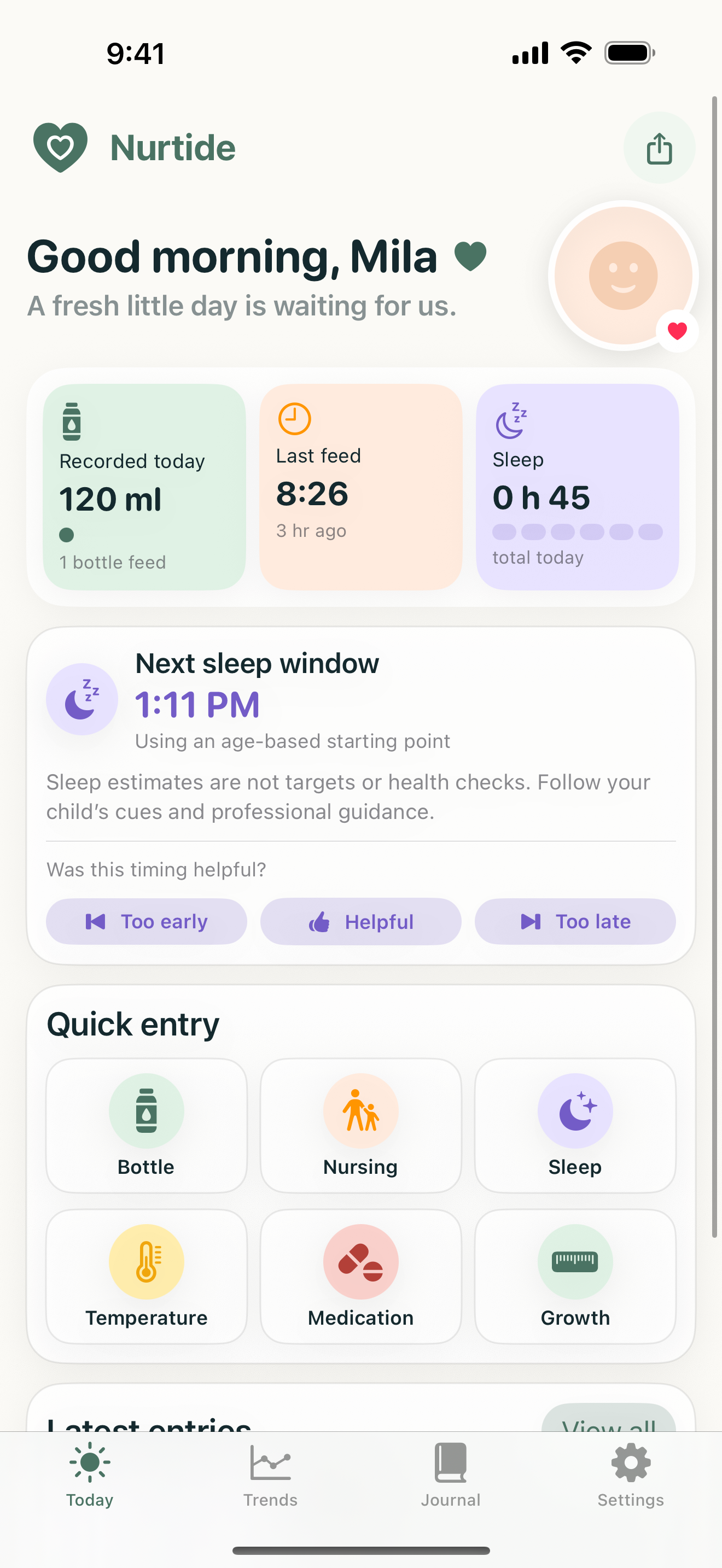 Nurtide Today screen showing a daily summary and quick entry actions
